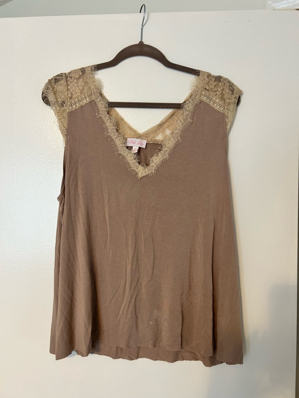 Pink Lily Taupe Lace-Trim Sleeveless Blouse